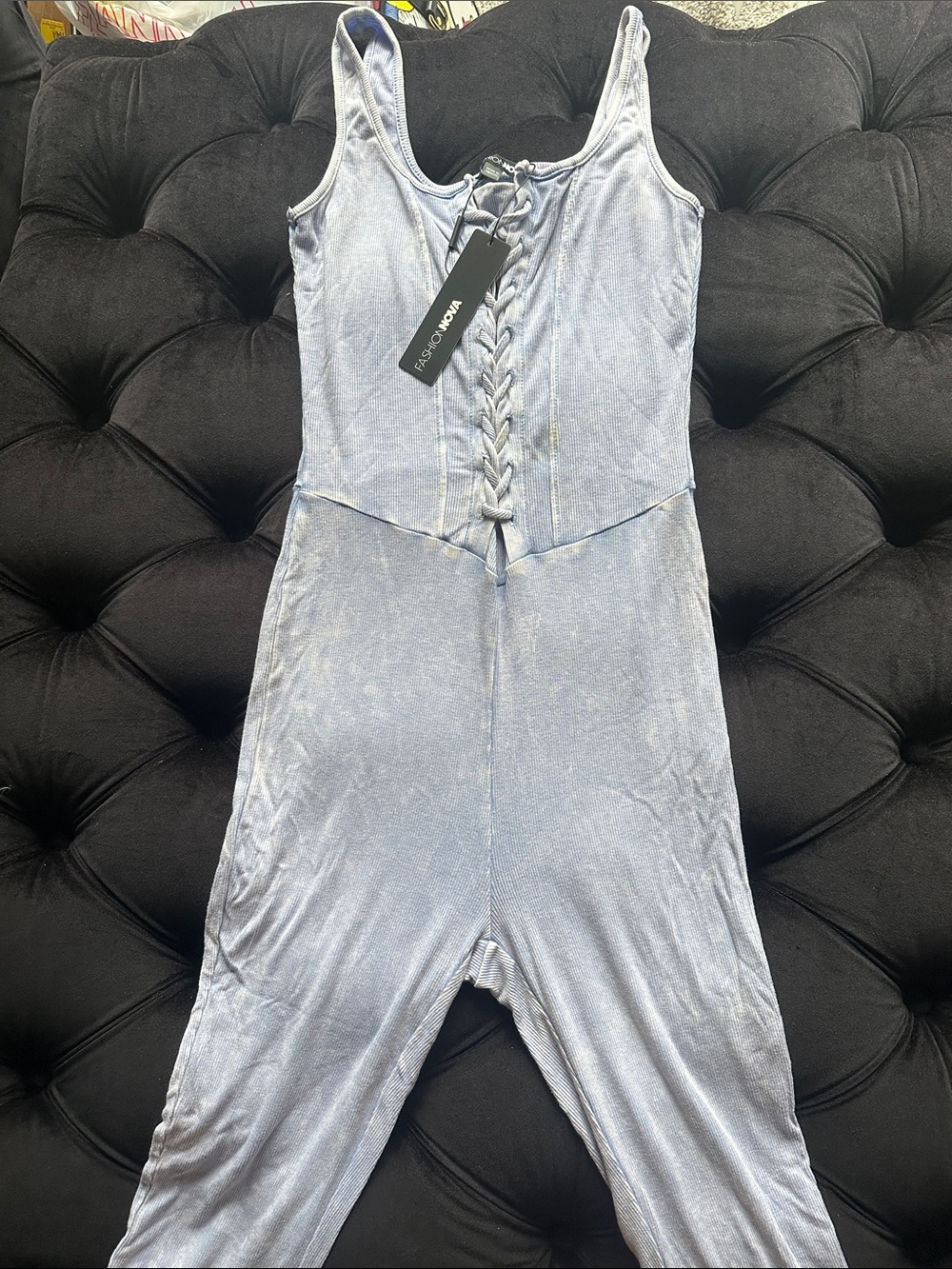 Fashion Nova Light Blue Lace-Up Tank Jumpsuit